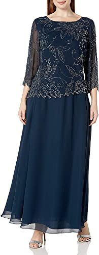 J Kara Women's Petite Floral Beaded Gown, Navy/Luster/Grey, 8P - Image 5
