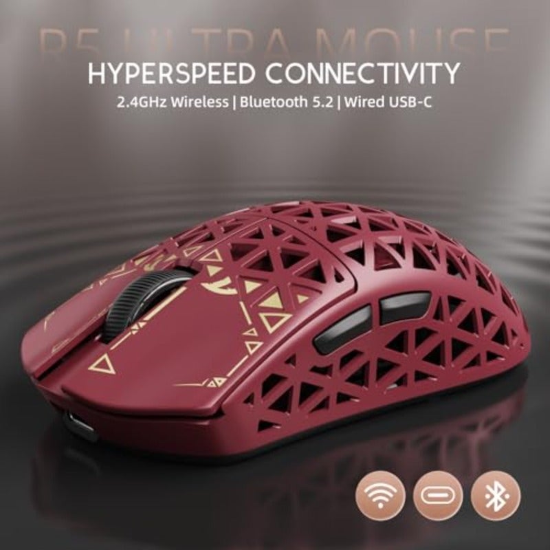 ATTACK SHARK R5 Ultra Wireless Gaming Mouse39g Superlight Carbon Fiber Hollowed-Out PAW3950MAX Optical Sensor Nordic 52840 MCU 8K Polling 42K DPI Tri-Mode Programmable Mice with Coiled Cable-Red - Image 4