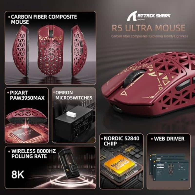 ATTACK SHARK R5 Ultra Wireless Gaming Mouse39g Superlight Carbon Fiber Hollowed-Out PAW3950MAX Optical Sensor Nordic 52840 MCU 8K Polling 42K DPI Tri-Mode Programmable Mice with Coiled Cable-Red - Image 2