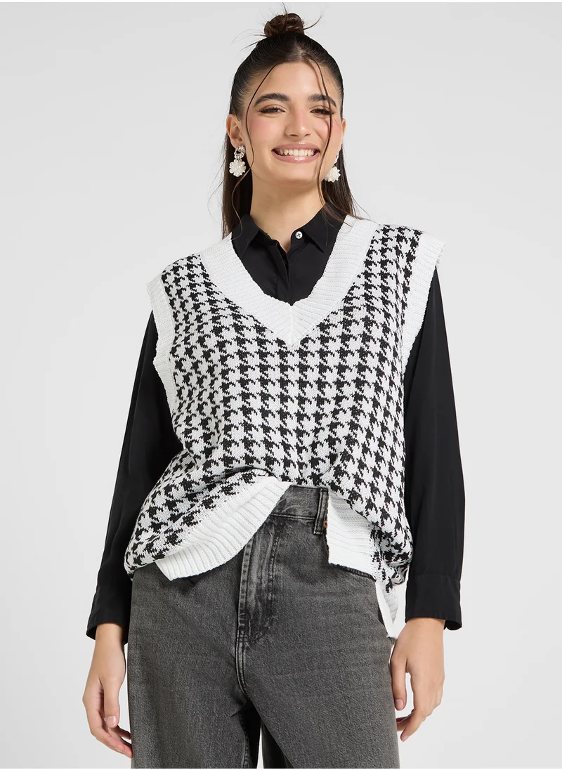 جينجر Houndstooth V Neck Vest