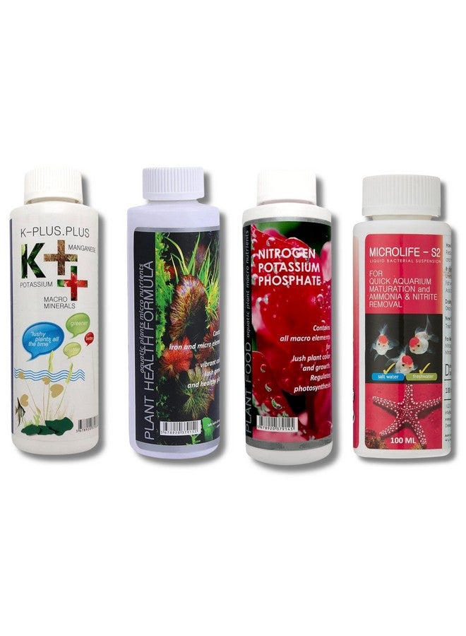 Generic Aquatic Remedies 4 Combo Pack Plant Fertilizer - (Plant Food + Health Formula - (120Ml), Microlife S2, K++ (100Ml)) For Aquarium Medicine With Free Key Ring  - Image 1