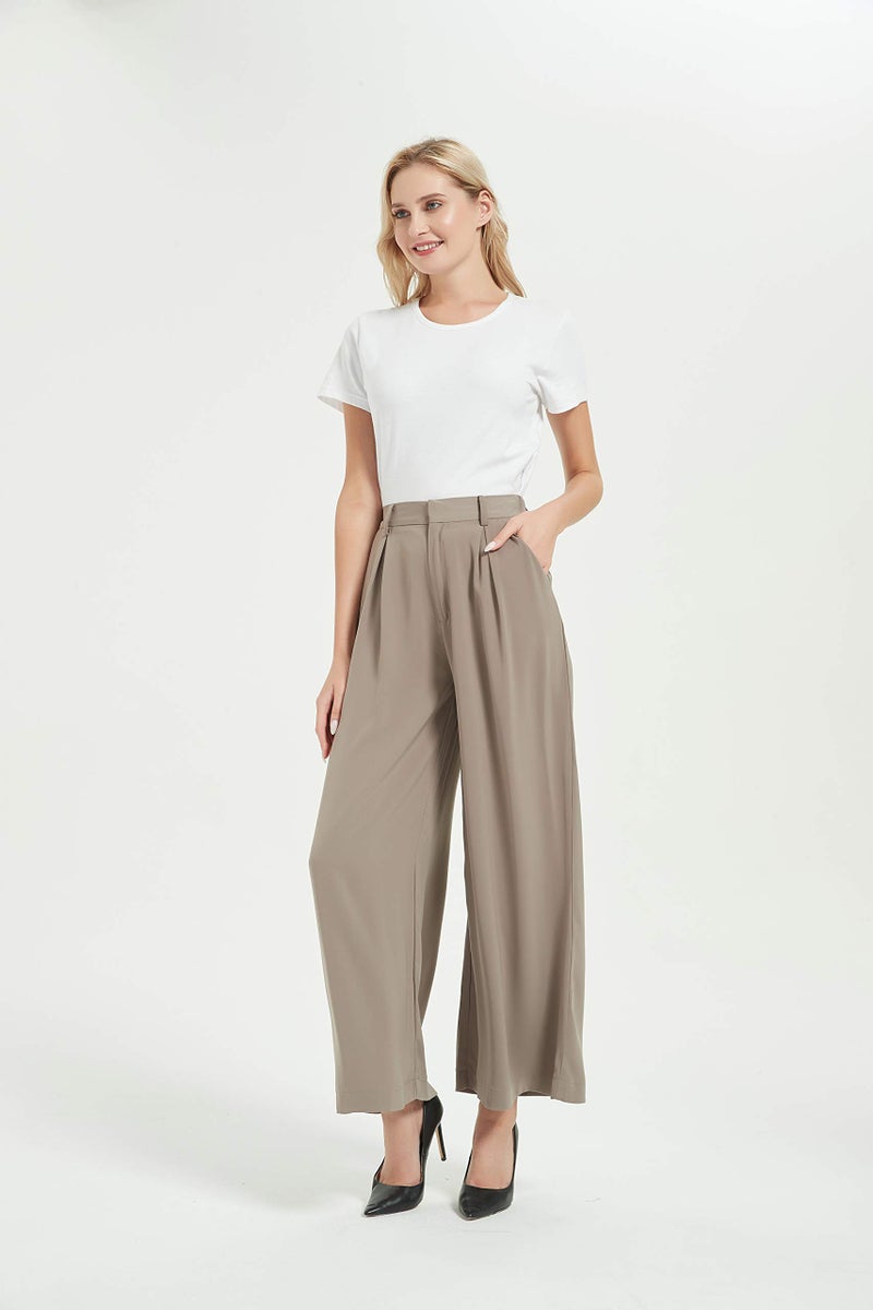 Tronjori Women High Waist Casual Wide Leg Long Palazzo Pants Trousers Regular Size(S,Mocha) - Image 5