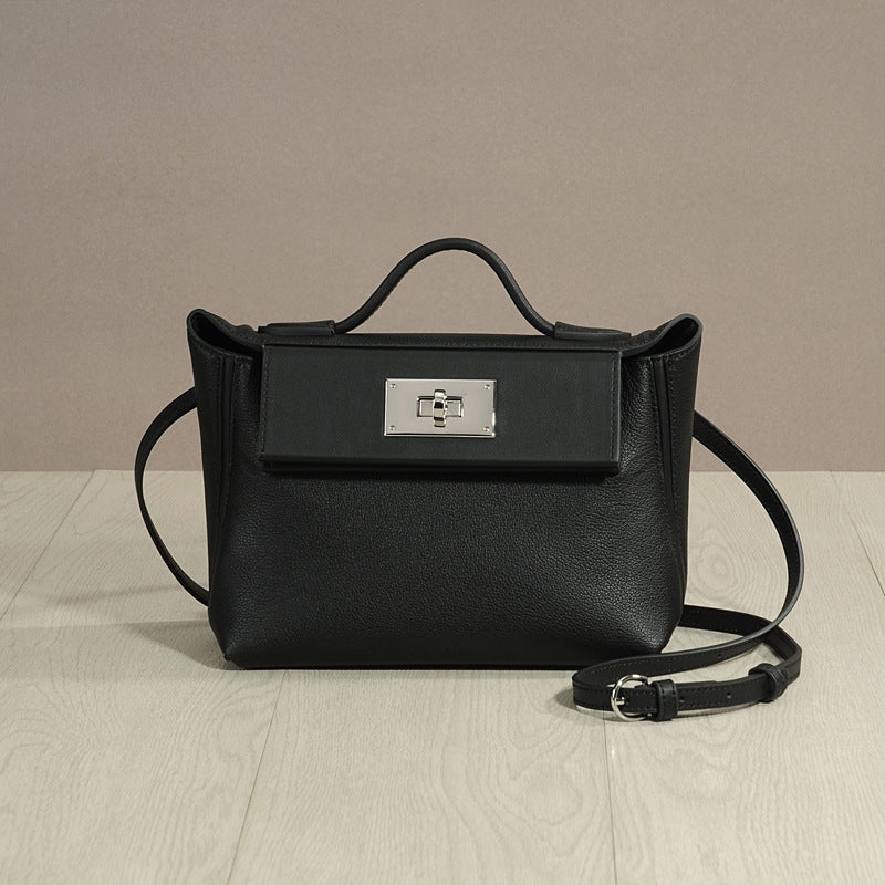 All-Match Kelly Bag Black Swift Top Layer Cowhide 2424Mini Small Bag Portable Messenger Bag - Image 1