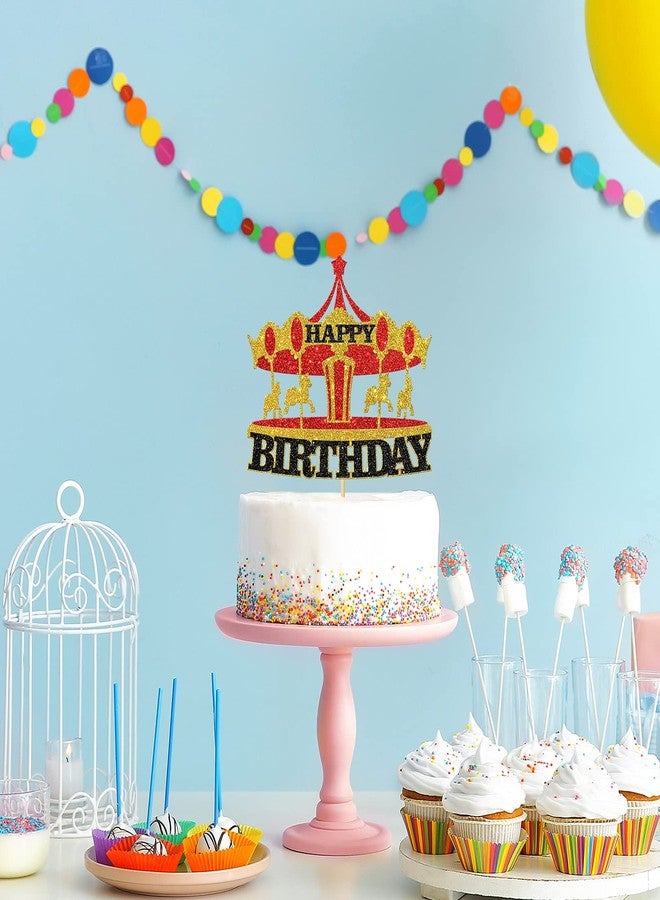 WeBenison Carousel Happy Birthday Cake Topper/Vintage Circus Tent Carnival Birthday Cake Decor/Children Bday Amusement Park Theme Party Decorations Gold & Red - Image 4