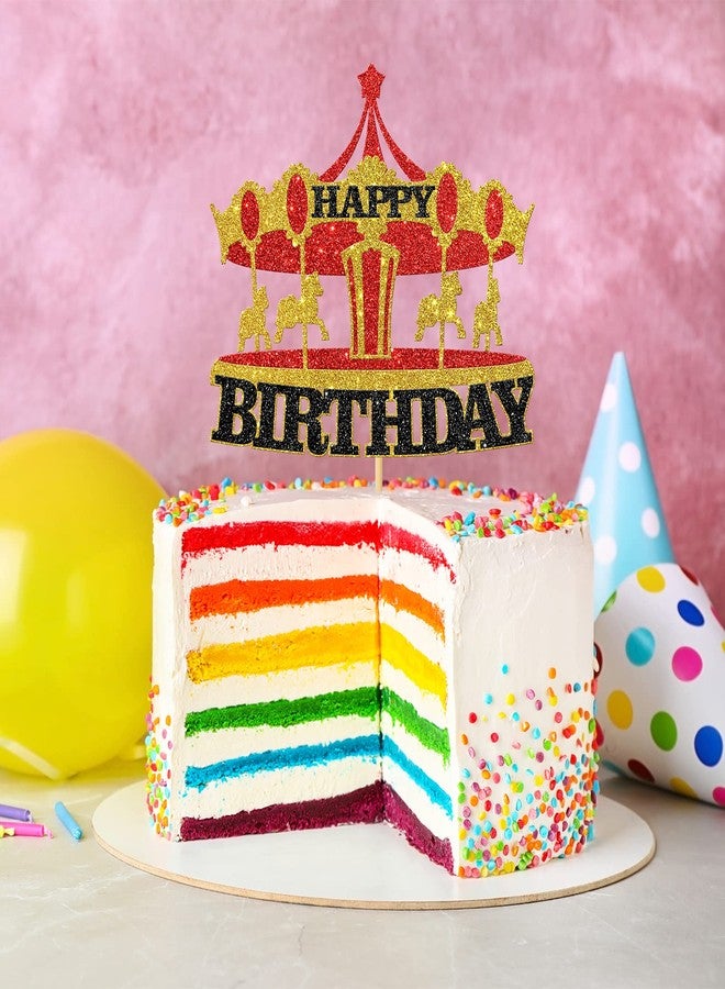 WeBenison Carousel Happy Birthday Cake Topper/Vintage Circus Tent Carnival Birthday Cake Decor/Children Bday Amusement Park Theme Party Decorations Gold & Red - Image 5