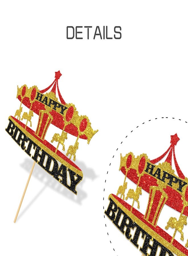 WeBenison Carousel Happy Birthday Cake Topper/Vintage Circus Tent Carnival Birthday Cake Decor/Children Bday Amusement Park Theme Party Decorations Gold & Red - Image 3