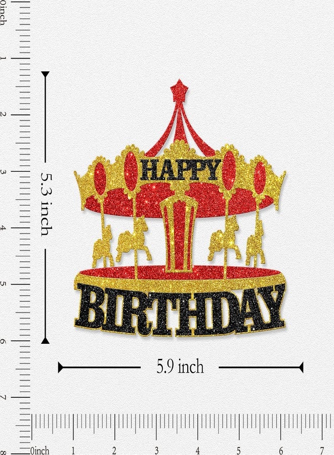 WeBenison Carousel Happy Birthday Cake Topper/Vintage Circus Tent Carnival Birthday Cake Decor/Children Bday Amusement Park Theme Party Decorations Gold & Red - Image 2