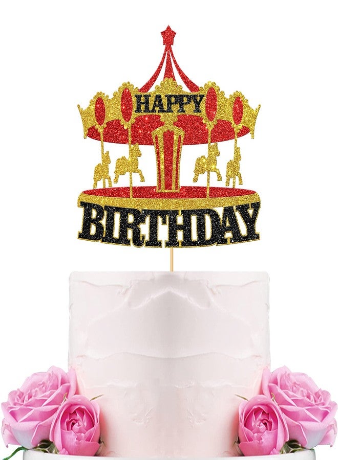 WeBenison Carousel Happy Birthday Cake Topper/Vintage Circus Tent Carnival Birthday Cake Decor/Children Bday Amusement Park Theme Party Decorations Gold & Red - Image 1