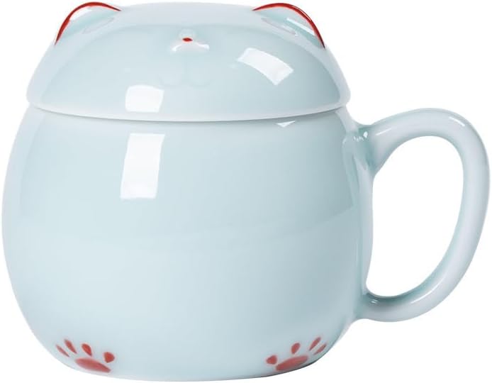 FGM Final Game Master Lucky Cat Mug  Handcrafted Celadon Porcelain Tea Coffee Mug with Lid Christmas Birthday Gifts Present for kids Women Girls - Image 1