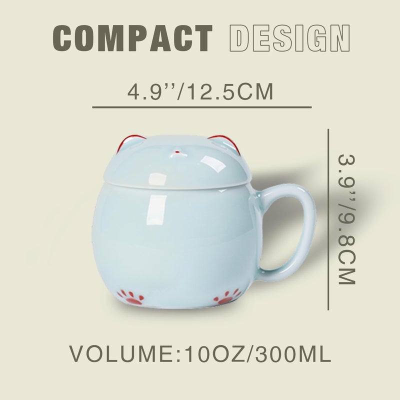FGM Final Game Master Lucky Cat Mug  Handcrafted Celadon Porcelain Tea Coffee Mug with Lid Christmas Birthday Gifts Present for kids Women Girls - Image 3