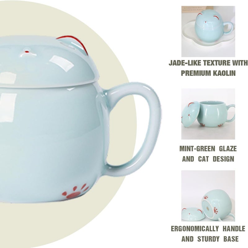 FGM Final Game Master Lucky Cat Mug  Handcrafted Celadon Porcelain Tea Coffee Mug with Lid Christmas Birthday Gifts Present for kids Women Girls - Image 2