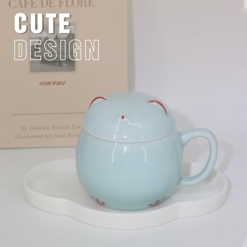 FGM Final Game Master Lucky Cat Mug  Handcrafted Celadon Porcelain Tea Coffee Mug with Lid Christmas Birthday Gifts Present for kids Women Girls - Image 4