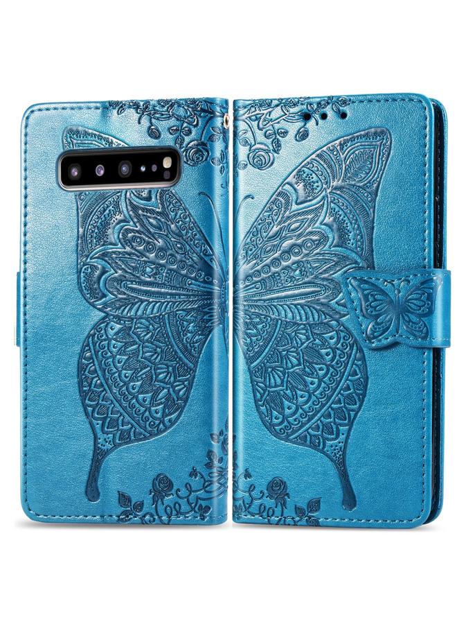 اس-توب جراب جلدي أفقي قابل للطي منقوش عليه زهور حب الفراشات لهاتف Galaxy S10 5G مع حامل وفتحات للبطاقات ومحفظة وحبل - Image 3