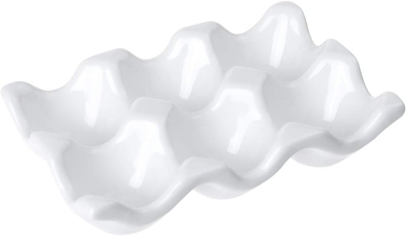 TENINYU Ceramic 6 Cups Egg Tray - Half Dozen Porcelain Egg Holder Container Keeper Storage Organizer Decorative Serving Dish Plate for Refrigerator Fridge Countertop Display Kitchen Home (White) - Image 2