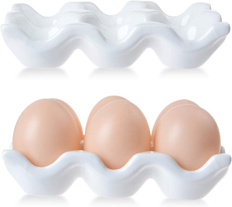 TENINYU Ceramic 6 Cups Egg Tray - Half Dozen Porcelain Egg Holder Container Keeper Storage Organizer Decorative Serving Dish Plate for Refrigerator Fridge Countertop Display Kitchen Home (White) - Image 4