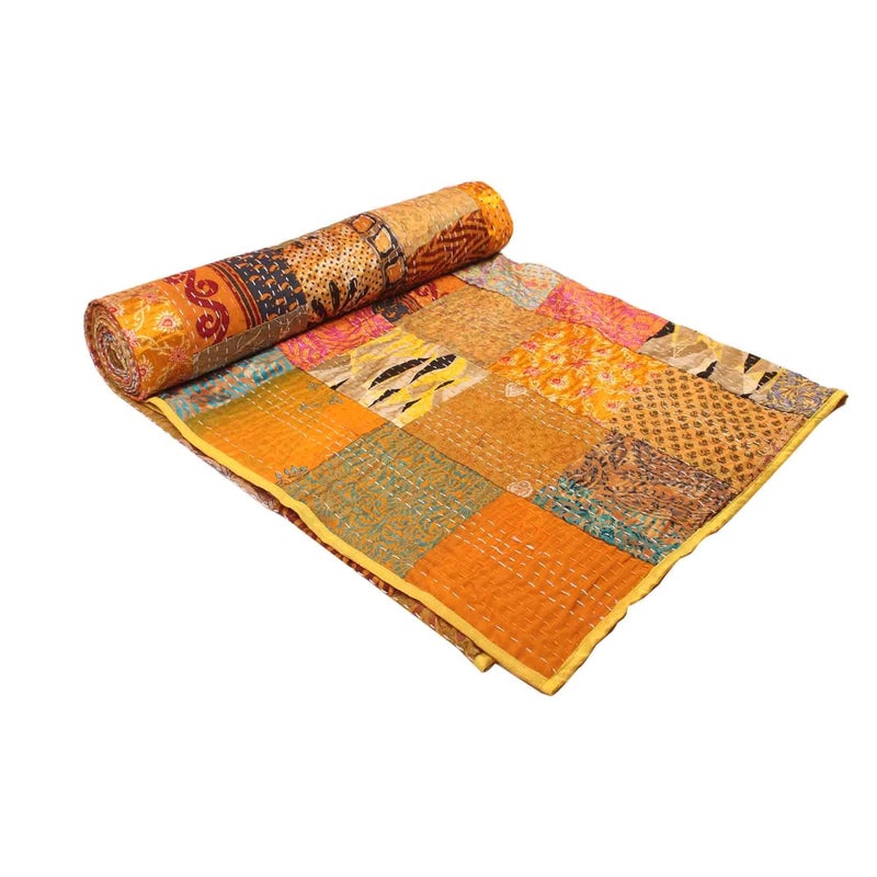 BOHEKANT Handicraft Silk Kantha Quilt Kantha Bed Cover Handmade Kantha Bedspread Kantha Blanket Throw02 Queen 90x108 inches Double Bed - Image 2