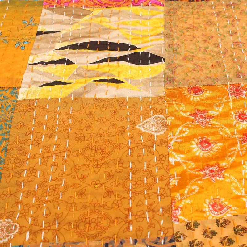 BOHEKANT Handicraft Silk Kantha Quilt Kantha Bed Cover Handmade Kantha Bedspread Kantha Blanket Throw02 Queen 90x108 inches Double Bed - Image 3