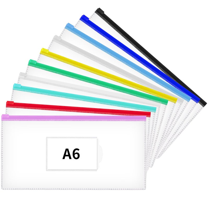 JARLINK 10 Pcs Poly Zip Envelope, A6 Size (9 x 4.7in) Plastic Zipper Pouches with Label Pocket, 10 Colors, Reusable Clear Pencil Bags for School and Office Supplies - Image 1