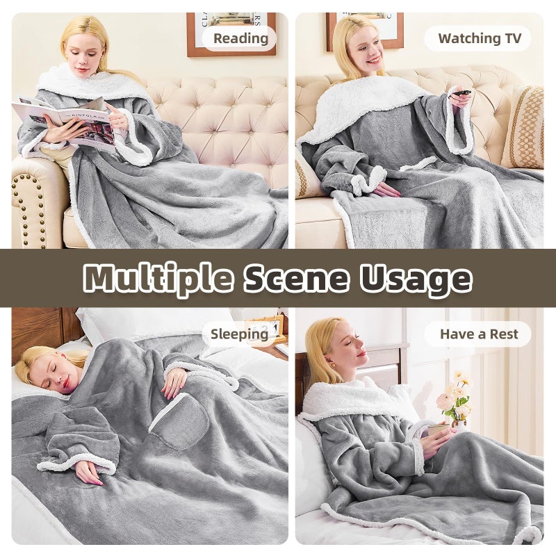 IFNOW Sherpa Wearable Blanket with Sleeves for Adults Women Men  Ultra Soft Fleece Warm Full Body Wrap Throw  Cozy Robe Blanket with Arm and Pocket  Wearable Blanket as Gifts for Mom Wife  Grey - Image 3