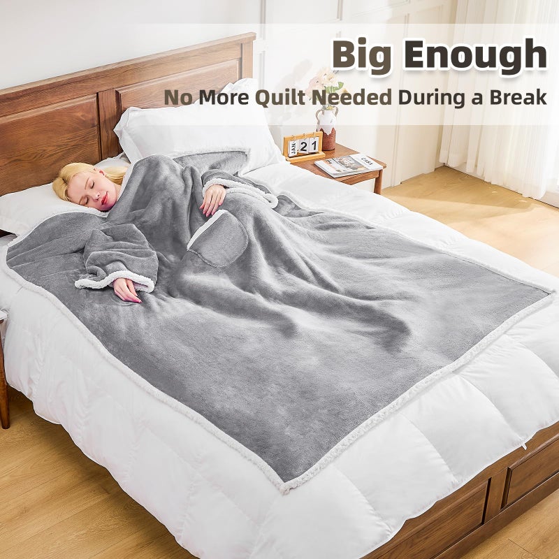 IFNOW Sherpa Wearable Blanket with Sleeves for Adults Women Men  Ultra Soft Fleece Warm Full Body Wrap Throw  Cozy Robe Blanket with Arm and Pocket  Wearable Blanket as Gifts for Mom Wife  Grey - Image 2