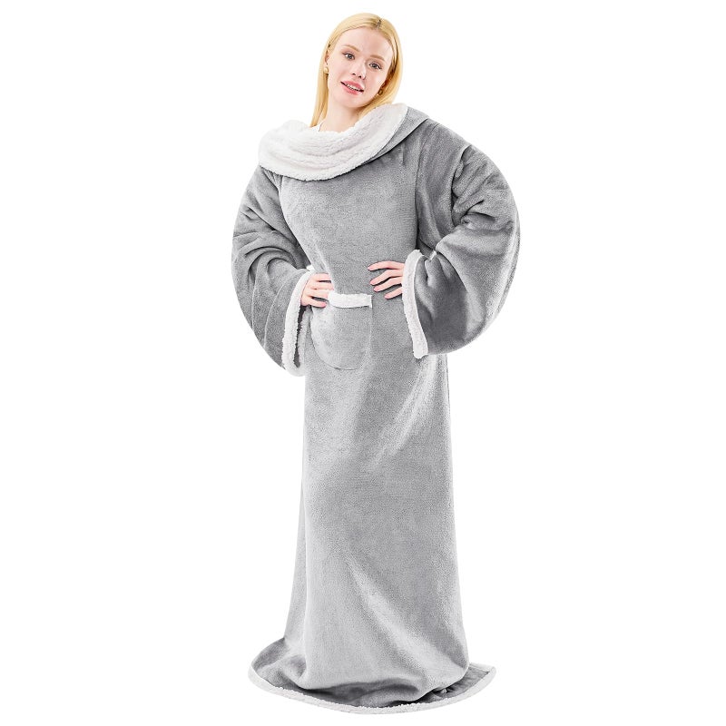 IFNOW Sherpa Wearable Blanket with Sleeves for Adults Women Men  Ultra Soft Fleece Warm Full Body Wrap Throw  Cozy Robe Blanket with Arm and Pocket  Wearable Blanket as Gifts for Mom Wife  Grey - Image 1