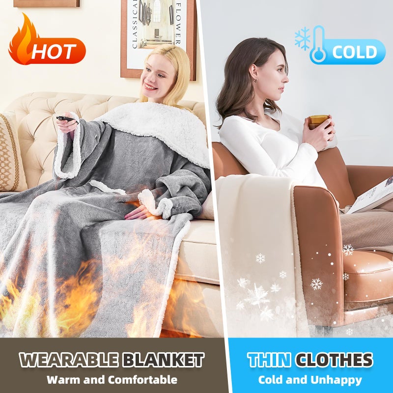 IFNOW Sherpa Wearable Blanket with Sleeves for Adults Women Men  Ultra Soft Fleece Warm Full Body Wrap Throw  Cozy Robe Blanket with Arm and Pocket  Wearable Blanket as Gifts for Mom Wife  Grey - Image 5