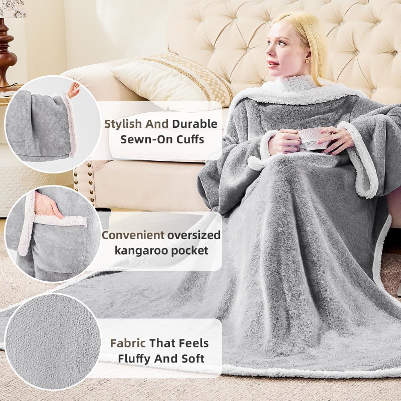 IFNOW Sherpa Wearable Blanket with Sleeves for Adults Women Men  Ultra Soft Fleece Warm Full Body Wrap Throw  Cozy Robe Blanket with Arm and Pocket  Wearable Blanket as Gifts for Mom Wife  Grey - Image 4
