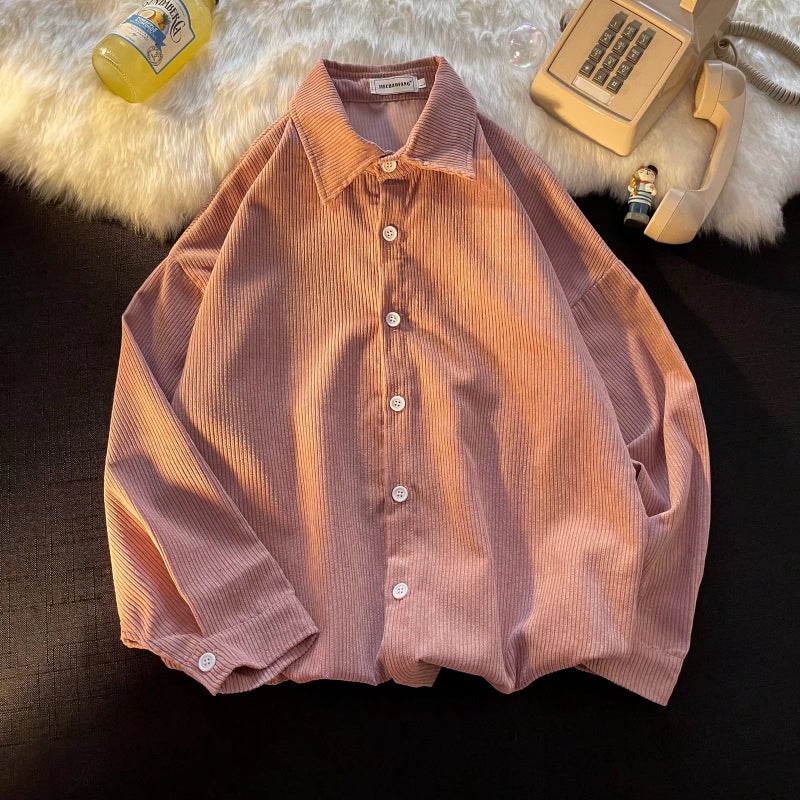 قميص كوردروي فضفاض عصري للرجال بلون المشمش - Image 3