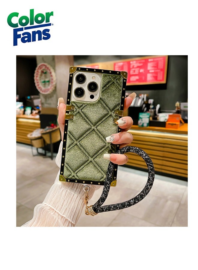 Color Fans Olive Glamour: Fishnet Green Textured iPhone 15 Pro MaxCase with Dazzling Black Loop and Golden Detailing 