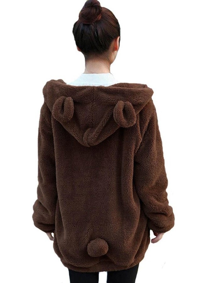 acdiac Women Fashion Bear Tail Hoodies,Fluffy Double Velvet Winter Rabbit Ear&Tail Shape Warm Tail Jacket,Long Sleeve Hooded Sweatshirt sweater (brown bear) - Image 1