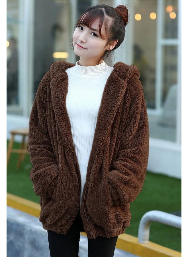 acdiac Women Fashion Bear Tail Hoodies,Fluffy Double Velvet Winter Rabbit Ear&Tail Shape Warm Tail Jacket,Long Sleeve Hooded Sweatshirt sweater (brown bear) - Image 3