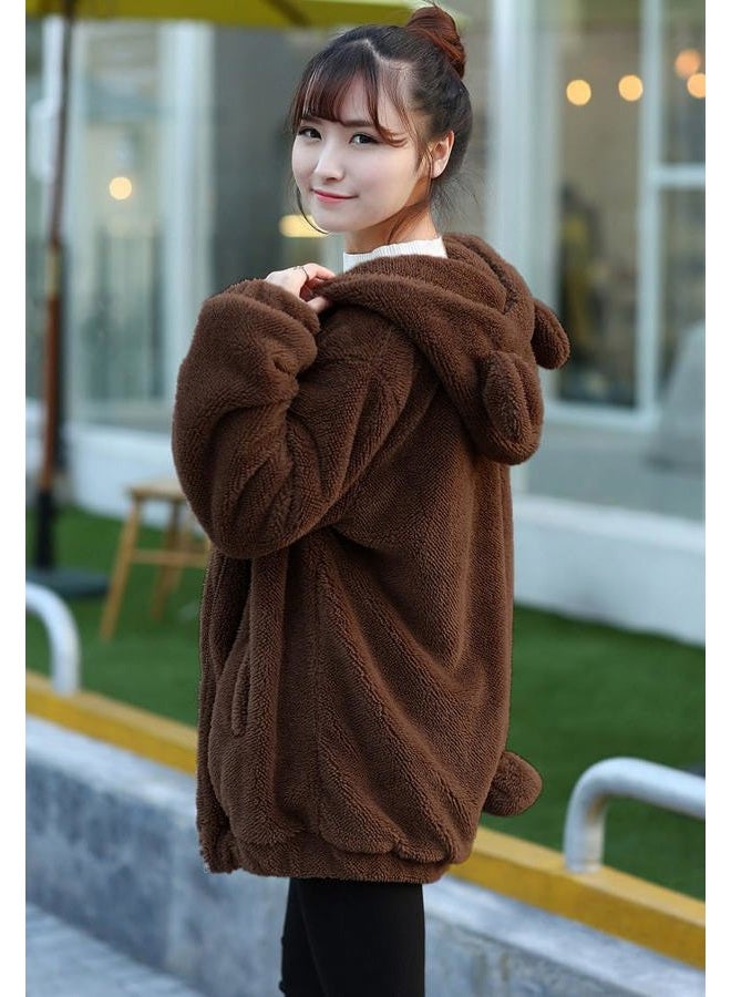 acdiac Women Fashion Bear Tail Hoodies,Fluffy Double Velvet Winter Rabbit Ear&Tail Shape Warm Tail Jacket,Long Sleeve Hooded Sweatshirt sweater (brown bear) - Image 4