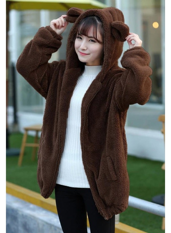 acdiac Women Fashion Bear Tail Hoodies,Fluffy Double Velvet Winter Rabbit Ear&Tail Shape Warm Tail Jacket,Long Sleeve Hooded Sweatshirt sweater (brown bear) - Image 5