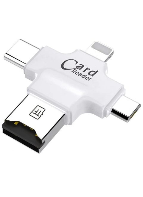 4 In 1 USB OTG Tf Micro SD Card Reader With Apple Lightning Port, Micro USB Port, Type C port, USB Port White