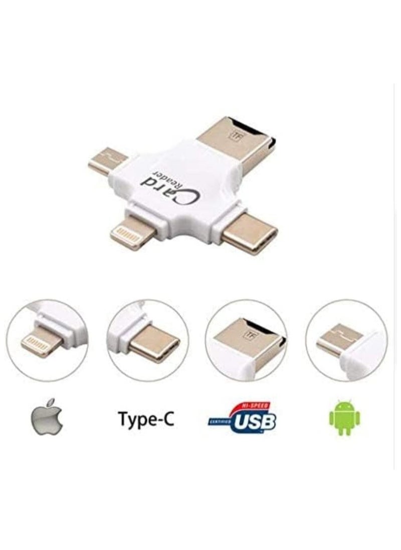 Generic - 4 In 1 USB OTG Tf Micro SD Card Reader With Apple Lightning Port, Micro USB Port, Type C port, USB Port White - Image 1
