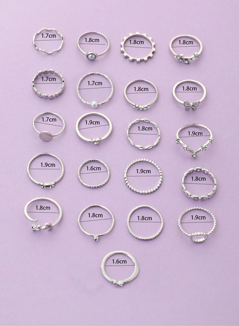 Women’s Silver Ring Set – 28 Pcs Assorted Rings with Hearts, Crystals & Pearls – Elegant Accessory for Parties and Special Occasions - Image 3