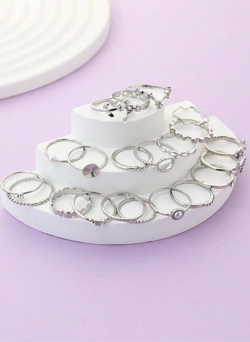 Women’s Silver Ring Set – 28 Pcs Assorted Rings with Hearts, Crystals & Pearls – Elegant Accessory for Parties and Special Occasions - Image 2