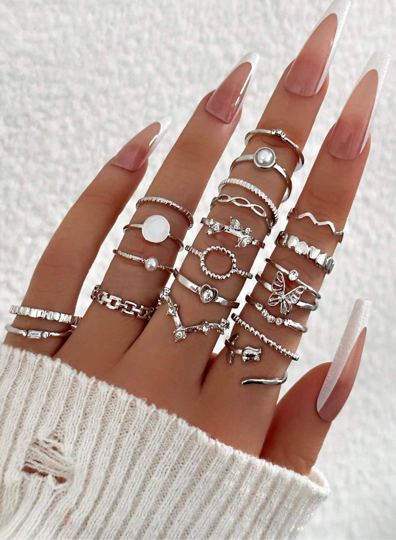 Women’s Silver Ring Set – 28 Pcs Assorted Rings with Hearts, Crystals & Pearls – Elegant Accessory for Parties and Special Occasions - Image 1