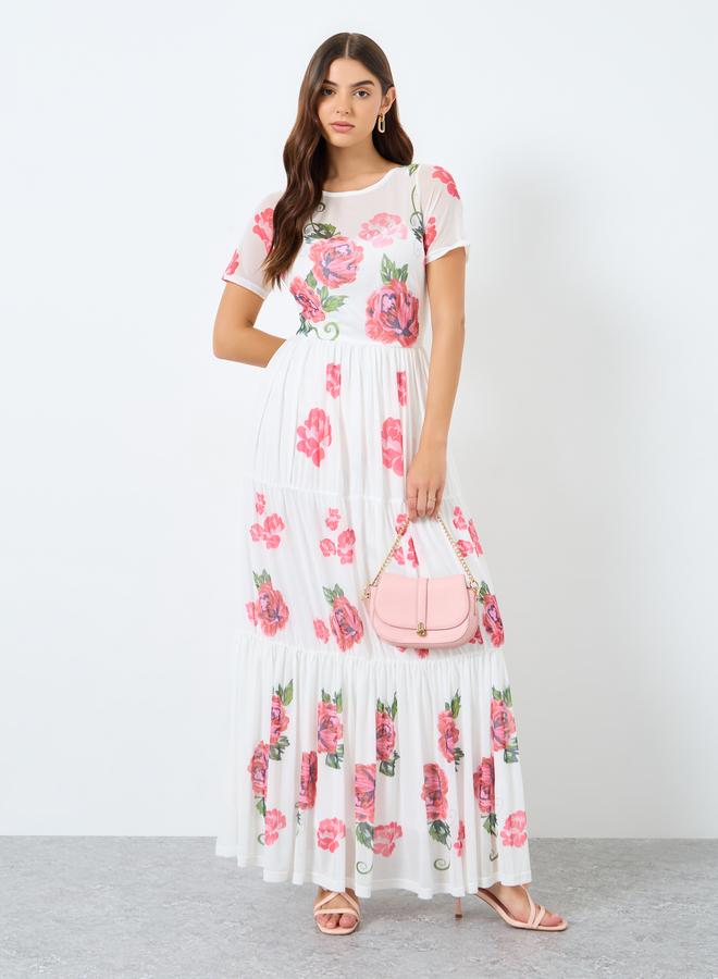 Styli Mesh Fabric Floral Print Tiered Maxi Dress - Image 2