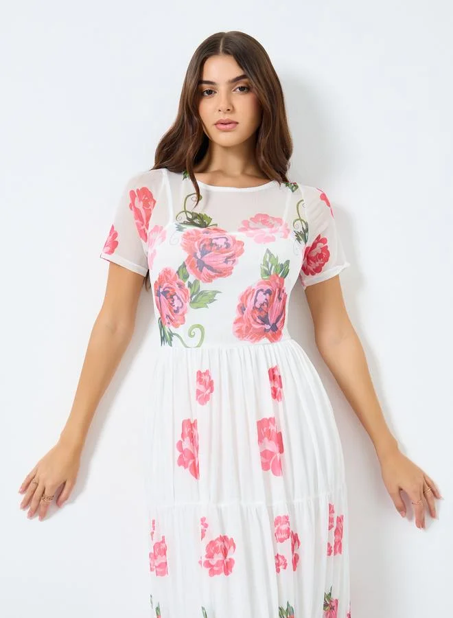Styli  Styli Mesh Fabric Floral Print Tiered Maxi Dress for Women | Best Price UAE