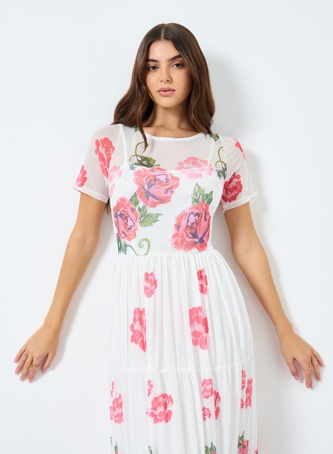 Styli Mesh Fabric Floral Print Tiered Maxi Dress - Image 3
