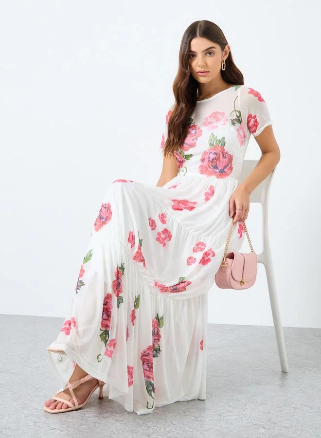 Styli Mesh Fabric Floral Print Tiered Maxi Dress