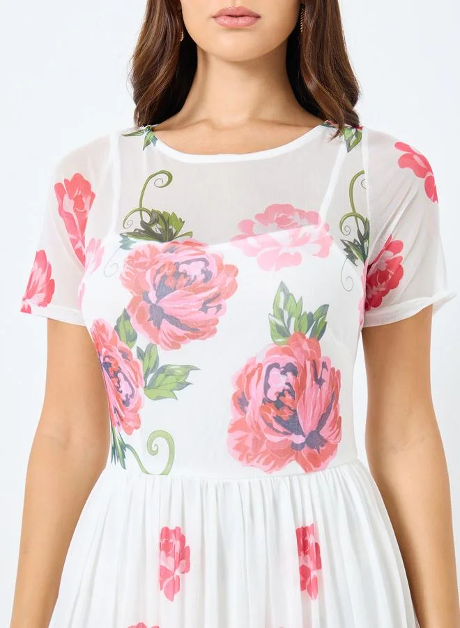Styli  Styli Mesh Fabric Floral Print Tiered Maxi Dress for Women | Best Price UAE