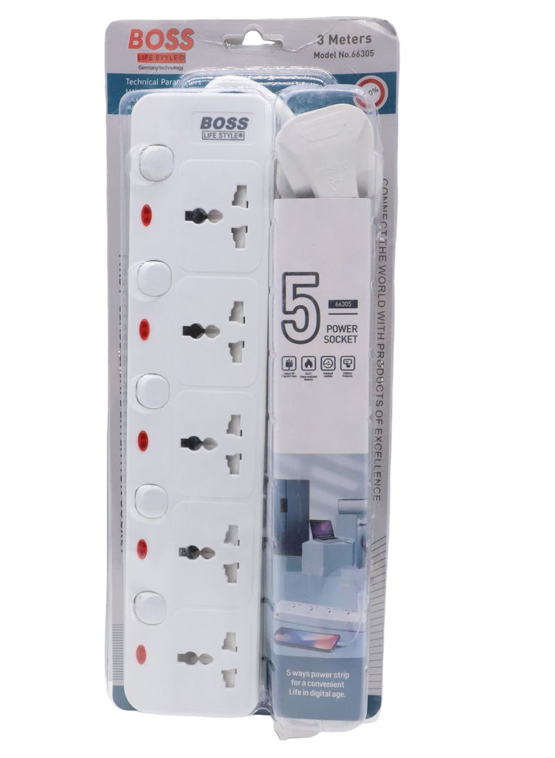 بوس_لايف_ستايل شرائح طاقة بمخرج 5 اتجاهات، محول قابس عالمي مع سلك تمديد 3M، محطة شحن للمنزل والمكتب والتبديل بشكل فردي - Image 4