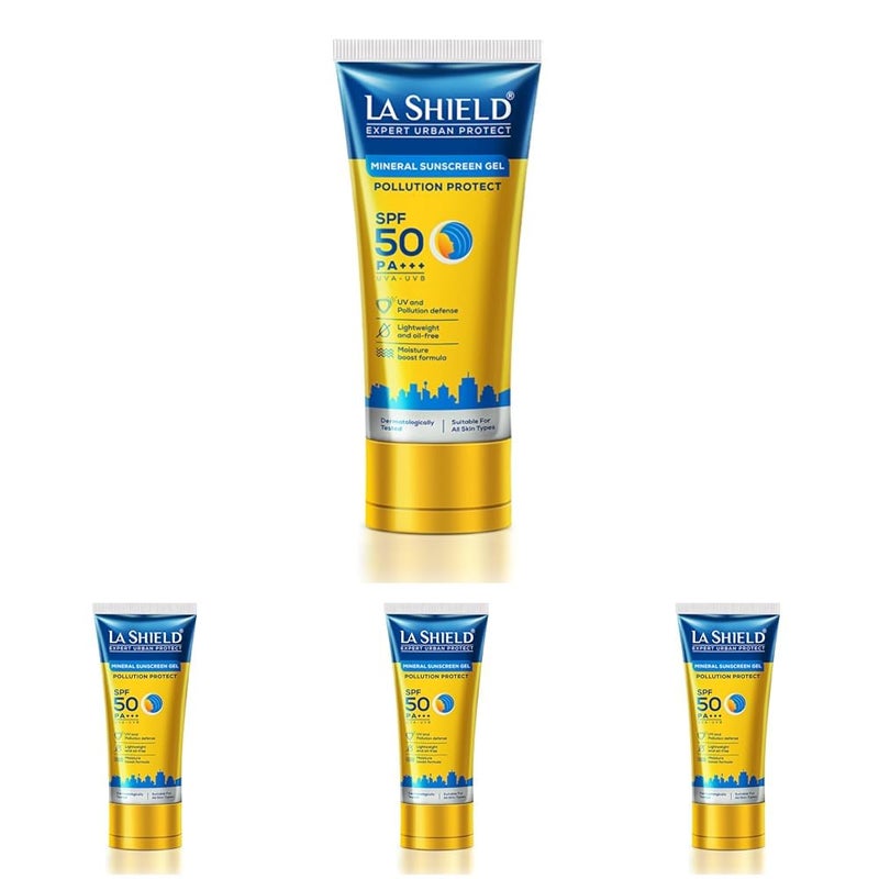 La Shield Pollution Protect SPF 50 Mineral Sunscreen Gel  PA  Lightweight  Oil free  Moisture boost formula  Water resistant All Skin types Dermatologist Tested  50g Pack of 4 - Image 1