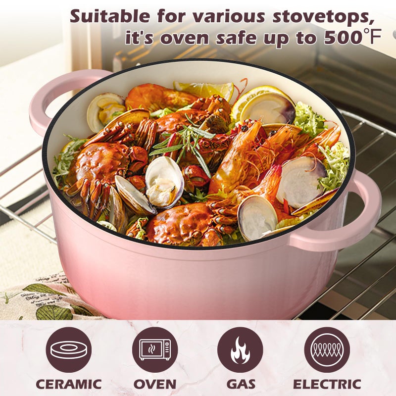 Umite Chef وعاء طهي هولندي من الحديد الزهر المينا 5QT من أوميت، مع غطاء، أدوات طهي قوية لتحضير الخبز، والطهي البطيء، واليخنات، والشواء، أفكار وهدايا لقائمة الزفاف (وردي) - Image 5