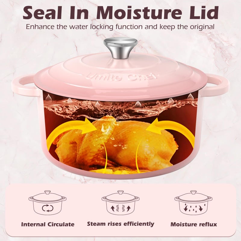 Umite Chef وعاء طهي هولندي من الحديد الزهر المينا 5QT من أوميت، مع غطاء، أدوات طهي قوية لتحضير الخبز، والطهي البطيء، واليخنات، والشواء، أفكار وهدايا لقائمة الزفاف (وردي) - Image 4