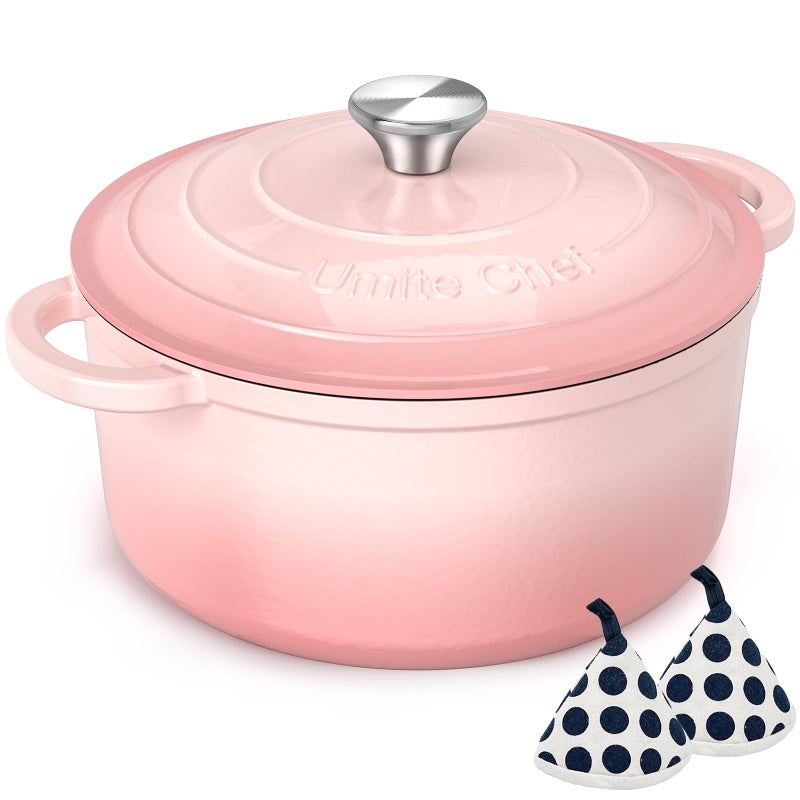 Umite Chef وعاء طهي هولندي من الحديد الزهر المينا 5QT من أوميت، مع غطاء، أدوات طهي قوية لتحضير الخبز، والطهي البطيء، واليخنات، والشواء، أفكار وهدايا لقائمة الزفاف (وردي) - Image 1