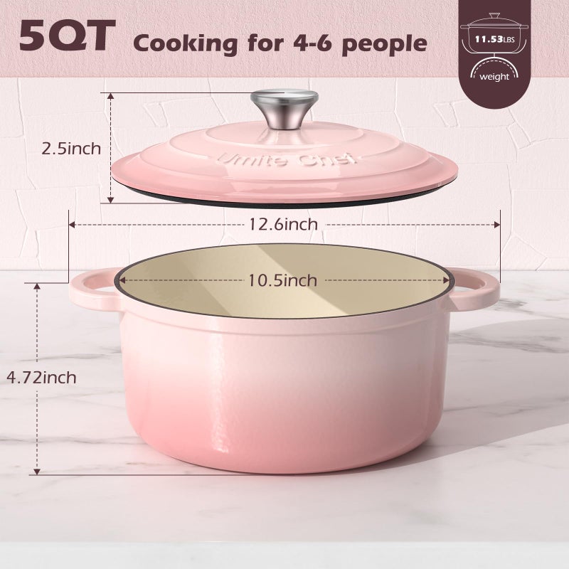 Umite Chef وعاء طهي هولندي من الحديد الزهر المينا 5QT من أوميت، مع غطاء، أدوات طهي قوية لتحضير الخبز، والطهي البطيء، واليخنات، والشواء، أفكار وهدايا لقائمة الزفاف (وردي) - Image 3