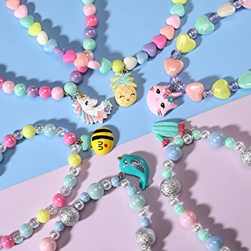 PinkSheep Jewelry Sets Beaded Necklace and Beads Bracelet for Kids Girls 10 Sets Unicorn Cat Bird Owl Necklace and Beads Little Favors Bags for Girls Princess Dress Up Pretend Play - Image 2